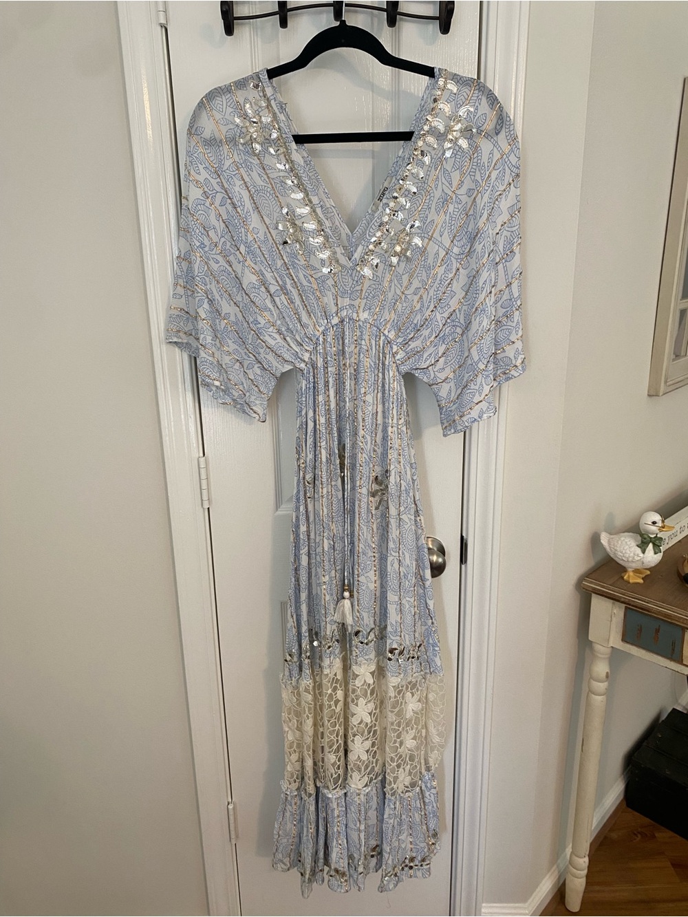 Zury Blue Paisley Mirror-Embellished Boho Maxi Dress with Lace Inserts